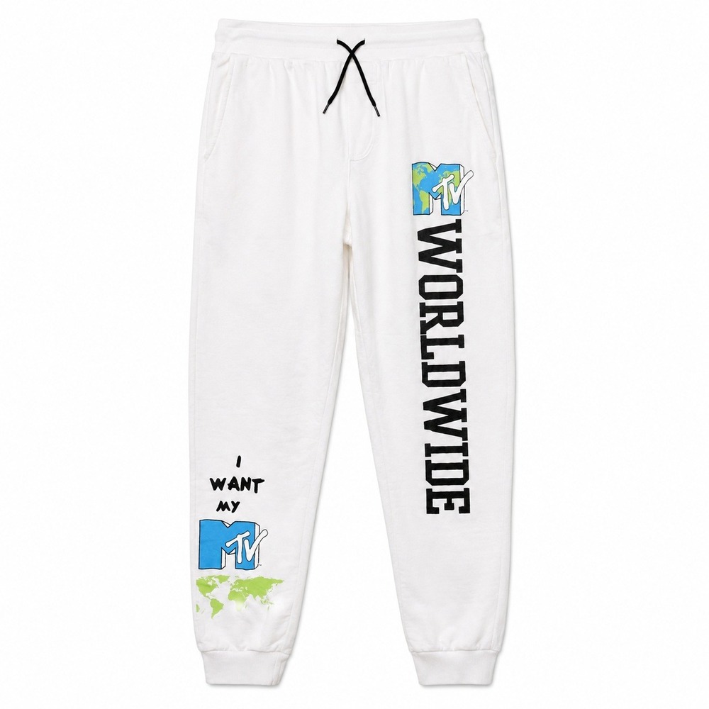MTV Worldwide Graphic Sweatpants Mens Large White Excellent 90s Retro Joggers